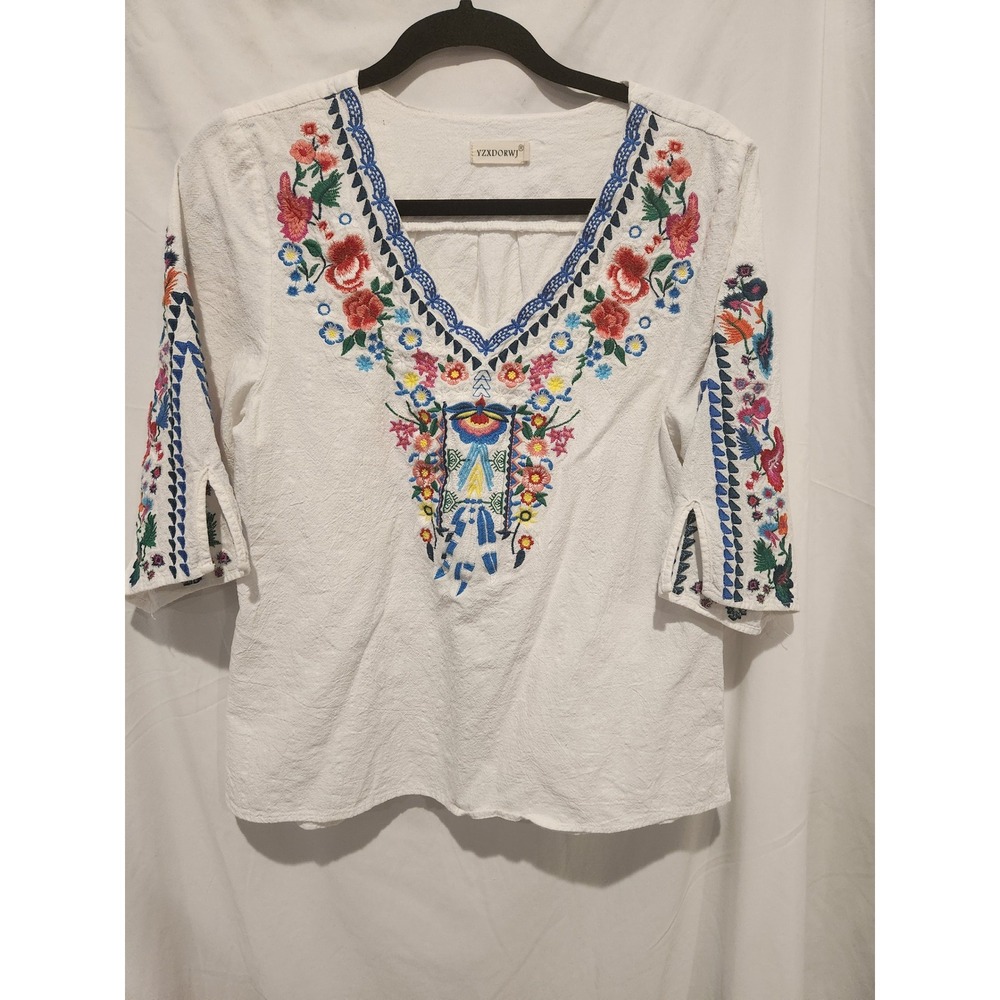 YZXDORWJ White Embroidered Boho Blouse V-Neck 3/4 Sleeve Floral Top